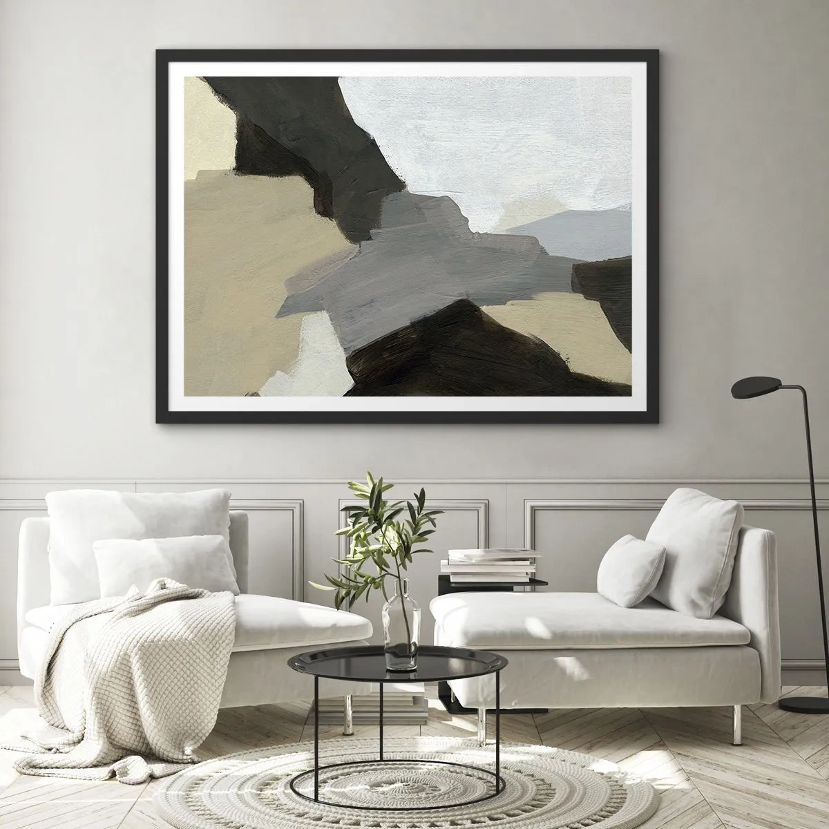 Poster in einem schwarzem Rahmen - Abstrakte Formen in Beige-, Braun- und Grautönen - 70x50cm - Abstraktion: Scheideweg des Graus - Moderne Wanddekoration für Wohnzimmer und Schlafzimmer ARTTOR