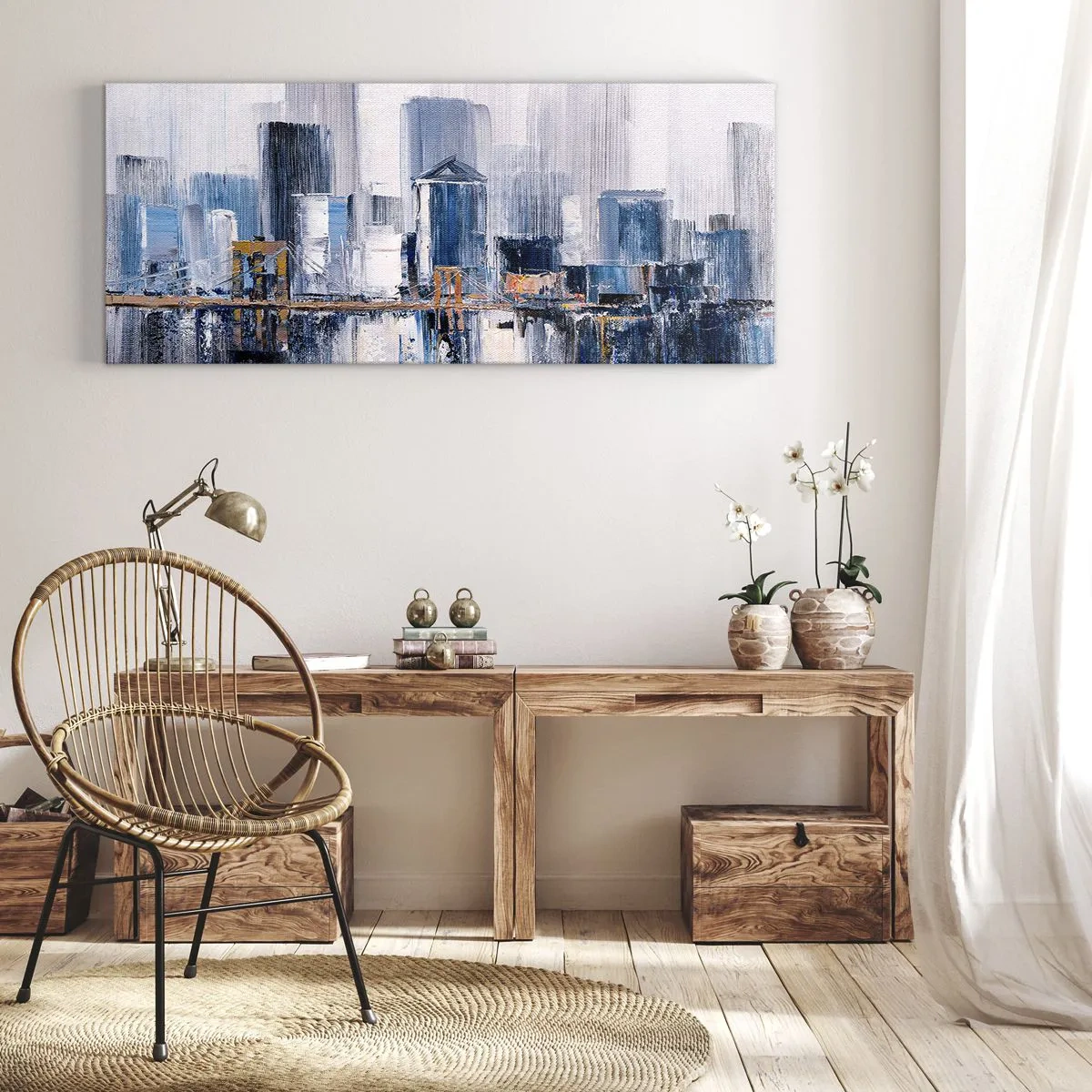Bild auf Leinwand - Leinwandbild - Abstraktes Stadtpanorama mit Blau- und Gelbtönen - 160x50cm - New Yorker Eindruck - Moderne Wanddekoration für Wohnzimmer und Schlafzimmer ARTTOR
