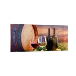Glasbild - Bild auf glas - Wein, Gläser und ein Fass in einer malerischen Landschaft - 120x50cm - Hier schmeckt das Leben - Moderne Wanddekoration für Wohnzimmer und Schlafzimmer ARTTOR