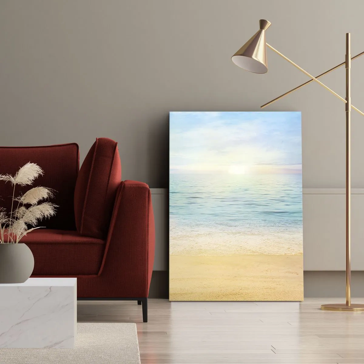 Bild auf Leinwand - Leinwandbild - Ein Strand mit türkisfarbenem Meer und klarem Himmel - 80x120cm - Großes Blau - Moderne Wanddekoration für Wohnzimmer und Schlafzimmer ARTTOR