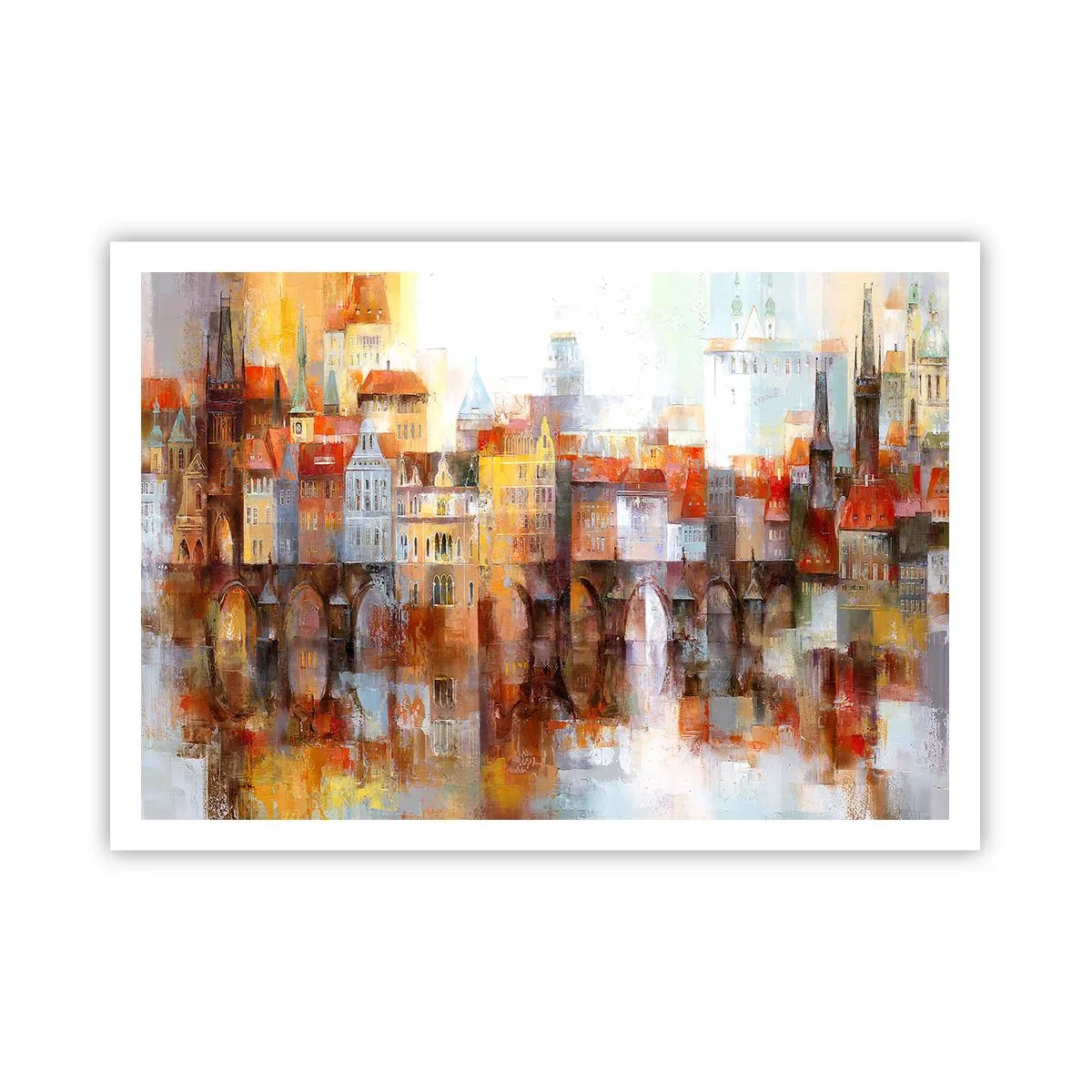 Poster - Ein malerisches Panorama der Stadt mit einer Brücke in Herbstfarben - 100x70cm - Schön ist es auch unter der Brücke - Moderne Wanddekoration für Wohnzimmer und Schlafzimmer ARTTOR