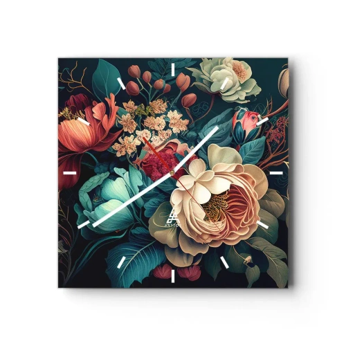 Wanduhr - Glasuhr - Eine farbenfrohe Blumenkomposition auf dunklem Hintergrund - 30x30cm - Charme des 19. Jahrhunderts - Moderne Wanddekoration für Wohnzimmer und Schlafzimmer ARTTOR