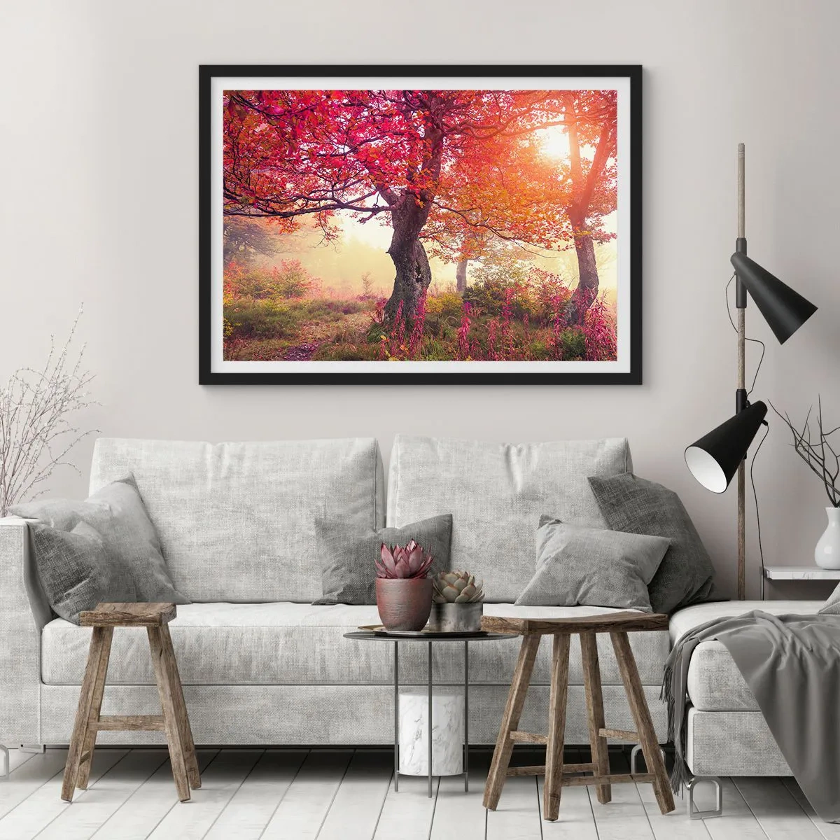 Poster in einem schwarzem Rahmen - Herbstlandschaft mit Bäumen in intensiven Farben - 100x70cm - Blühende Raserei - Moderne Wanddekoration für Wohnzimmer und Schlafzimmer ARTTOR