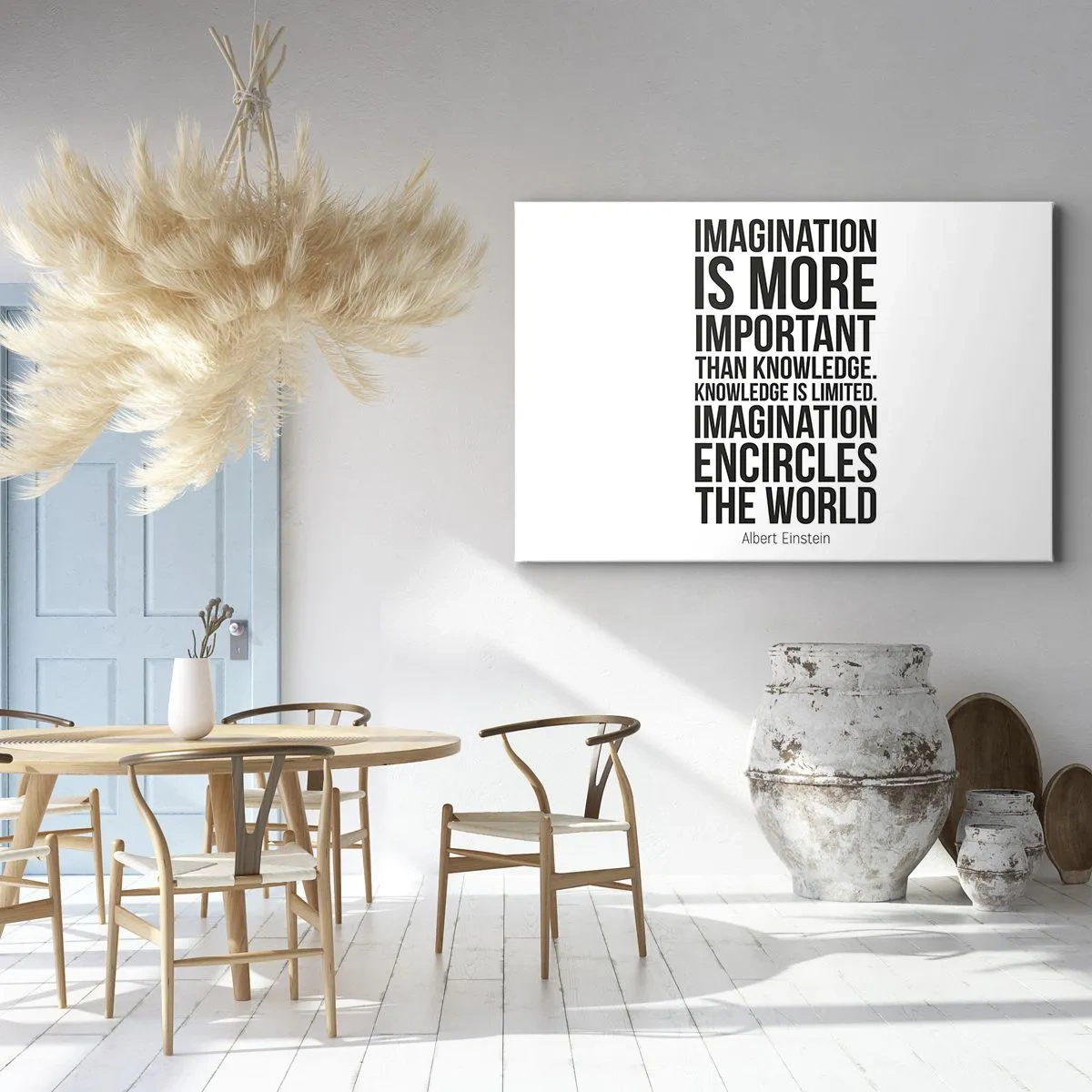 Bild auf Leinwand - Leinwandbild - Inspirierendes Zitat auf weißem Hintergrund in schwarzer Schrift - 70x50cm - Einstein über die Kraft der Vorstellungskraft - Moderne Wanddekoration für Wohnzimmer und Schlafzimmer ARTTOR