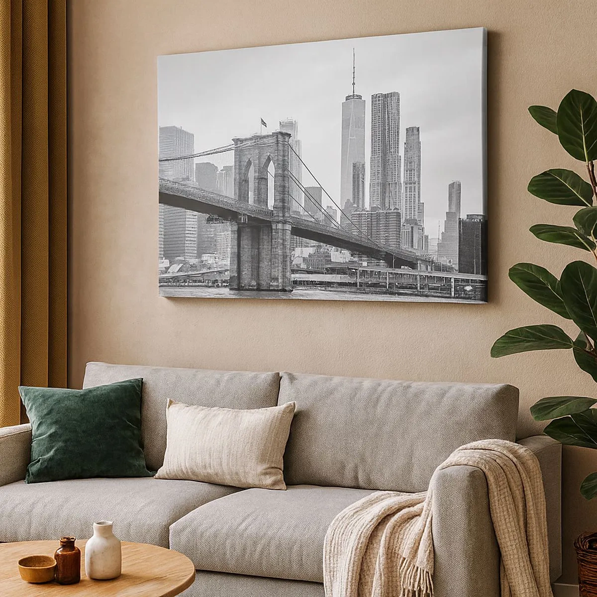 Bild auf Leinwand - Leinwandbild - Brooklyn Bridge mit New Yorker Wolkenkratzern im Hintergrund - 70x50cm - New Yorker Atmosphäre - Moderne Wanddekoration für Wohnzimmer und Schlafzimmer ARTTOR