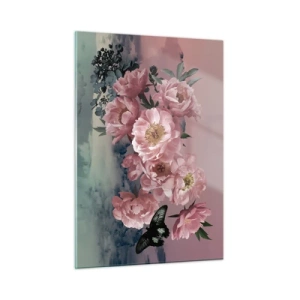 Glasbild - Bild auf glas - Rosa Pfingstrosen mit einem Schmetterling gegen den Himmel - 50x70cm - Der Höhepunkt der Romantik - Moderne Wanddekoration für Wohnzimmer und Schlafzimmer ARTTOR