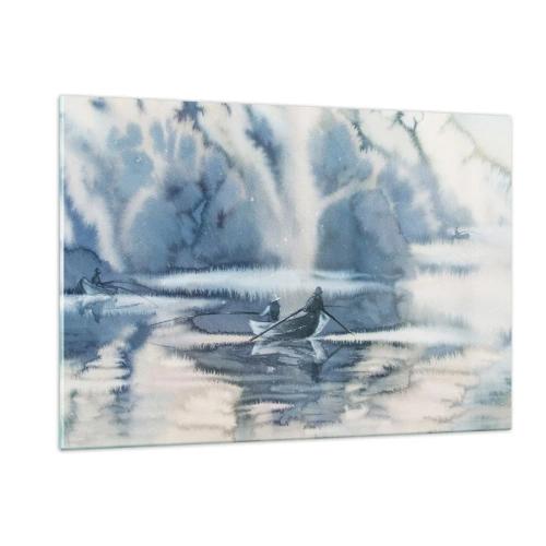 Glasbild - Bild auf glas - Zwei Fischer auf einem Boot, umgeben von einer nebligen Landschaft - 120x80cm - Angler in ihrem Paradies - Moderne Wanddekoration für Wohnzimmer und Schlafzimmer ARTTOR