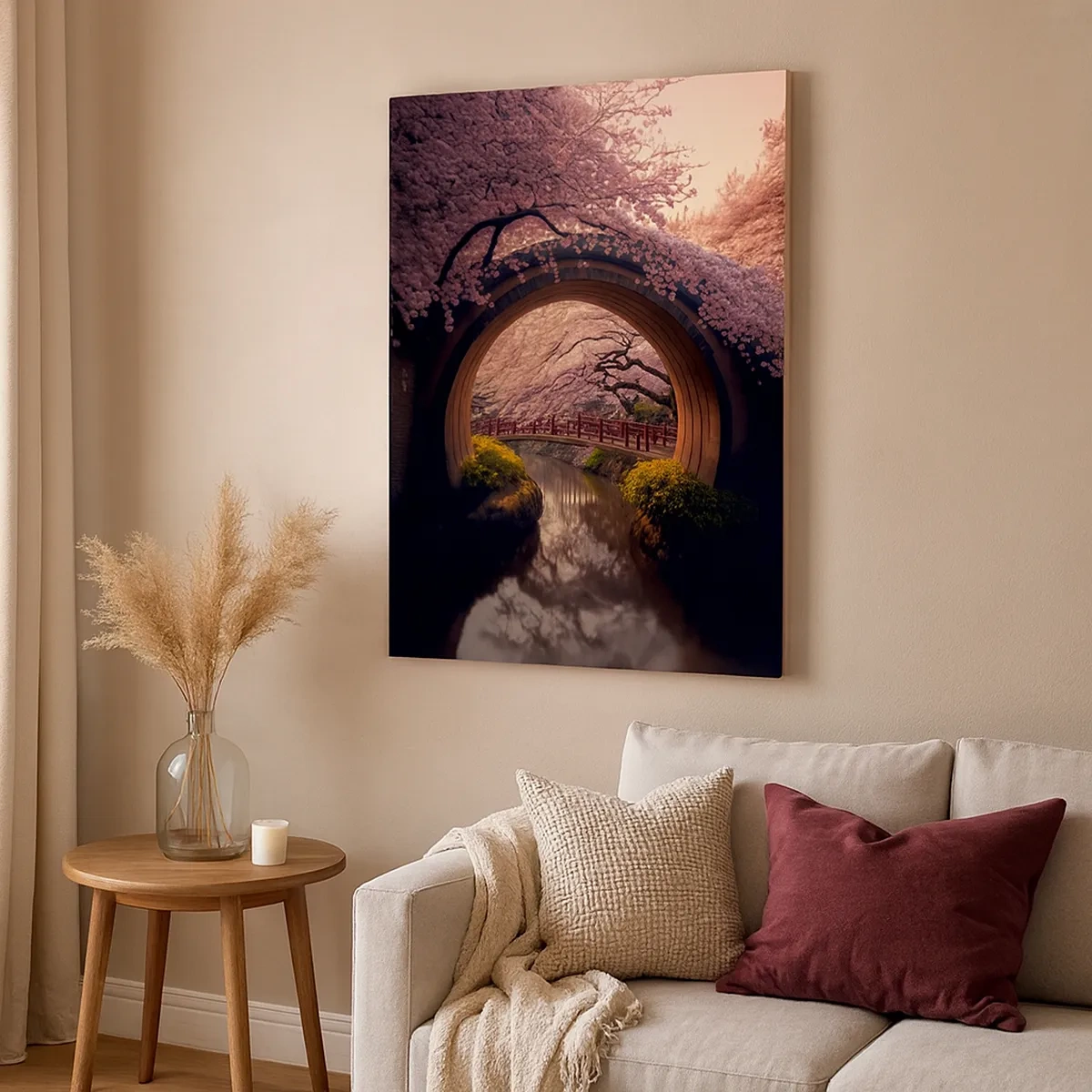 Bild auf Leinwand - Leinwandbild - Eine traditionelle japanische Brücke, umgeben von Kirschblüten - 50x70cm - Japanischer Frühling - Moderne Wanddekoration für Wohnzimmer und Schlafzimmer ARTTOR