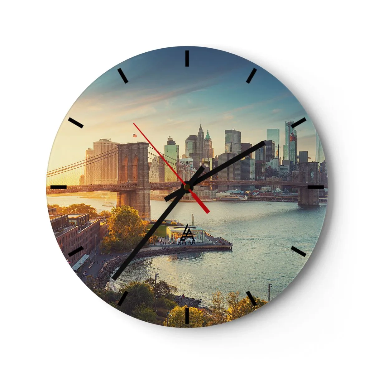 Wanduhr - Glasuhr - Blick auf die Brooklyn Bridge und die Skyline der Stadt bei Sonnenuntergang - 30x30cm - Morgendämmerung der Großstadt - Moderne Wanddekoration für Wohnzimmer, Küche und Schlafzimmer ARTTOR