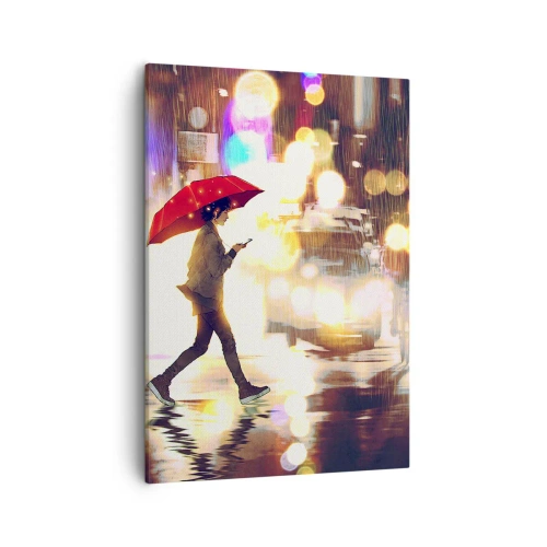 Bild auf Leinwand - Leinwandbild - Eine Figur mit einem roten Regenschirm auf der Straße im Regen - 50x70cm - Und doch sonnig - Moderne Wanddekoration für Wohnzimmer und Schlafzimmer ARTTOR