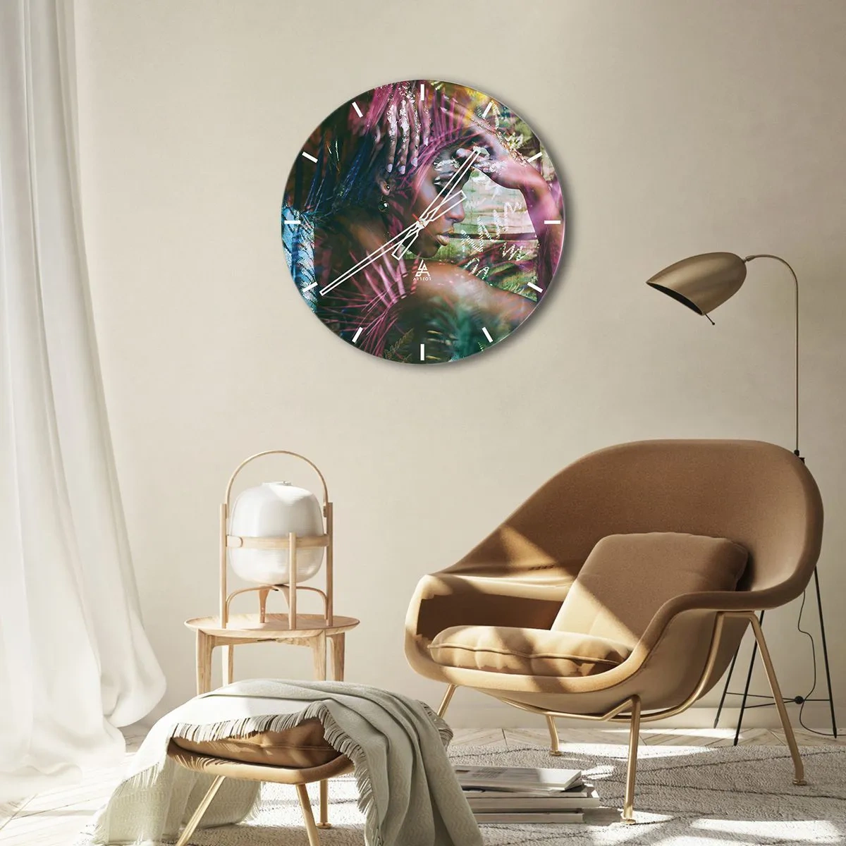Wanduhr - Glasuhr - Porträt einer Frau mit Elementen der Natur und bunten Blättern im Hintergrund - 30x30cm - Mutter Natur im Dschungel - Moderne Wanddekoration für Wohnzimmer, Küche und Schlafzimmer ARTTOR