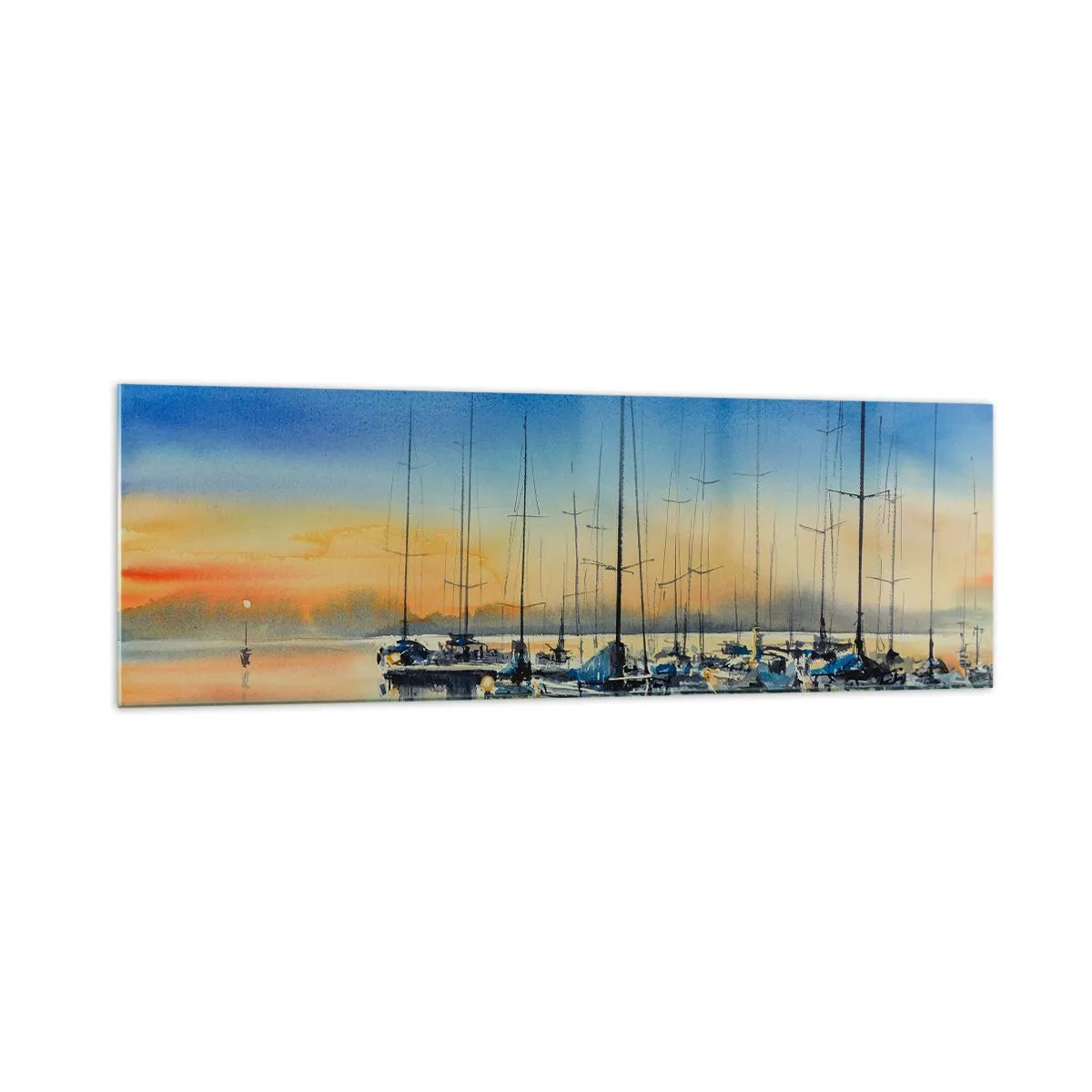 Glasbild - Bild auf glas - Yachthafen bei Sonnenuntergang mit Spiegelungen auf dem Wasser - 160x50cm - Ende eines guten Tages - Moderne Wanddekoration für Wohnzimmer und Schlafzimmer ARTTOR