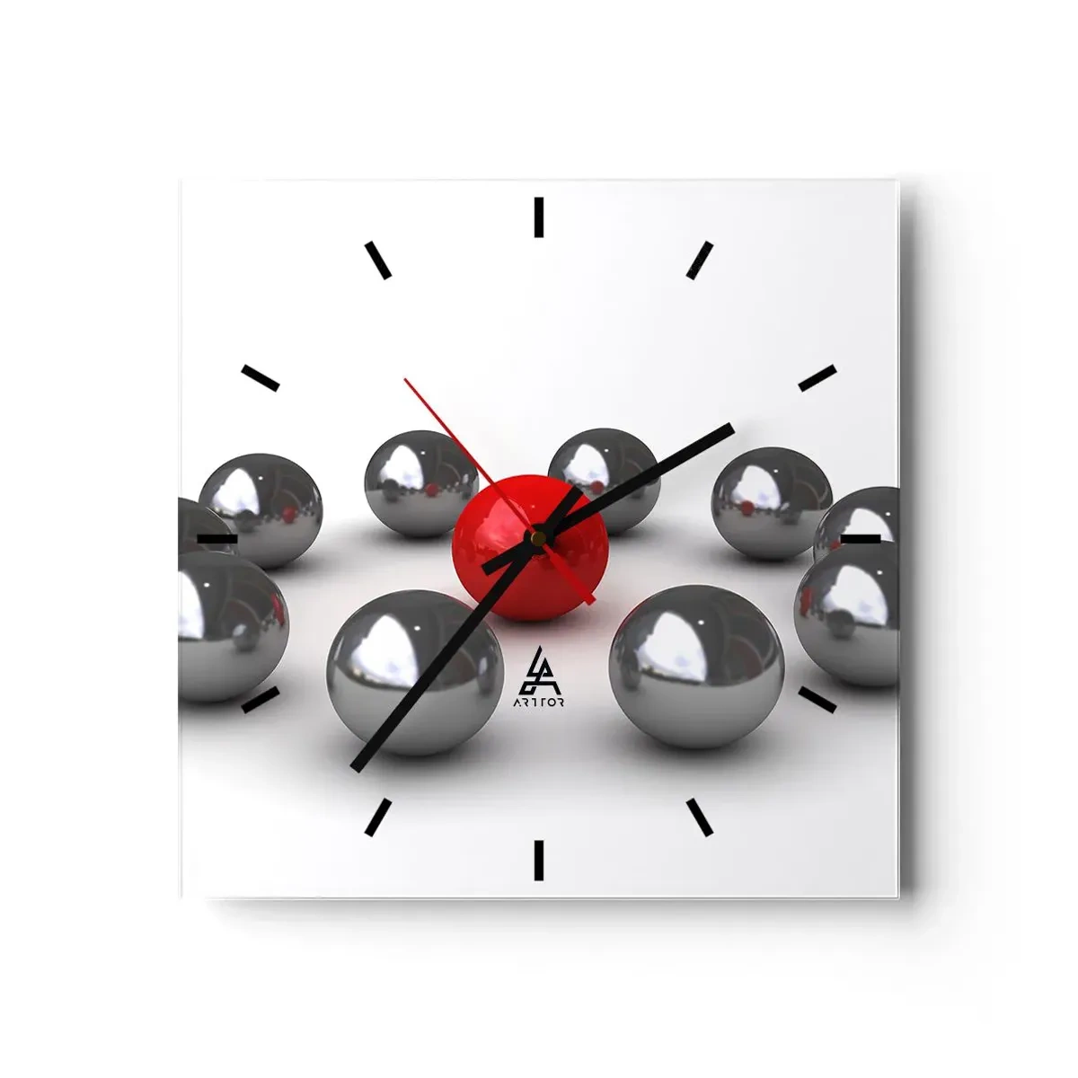 Wanduhr - Glasuhr - Eine rote Kugel, umgeben von silbernen Kugeln auf weißem Hintergrund - 30x30cm - Ein Kreis in Silber und Rot - Moderne Wanddekoration für Wohnzimmer und Schlafzimmer ARTTOR