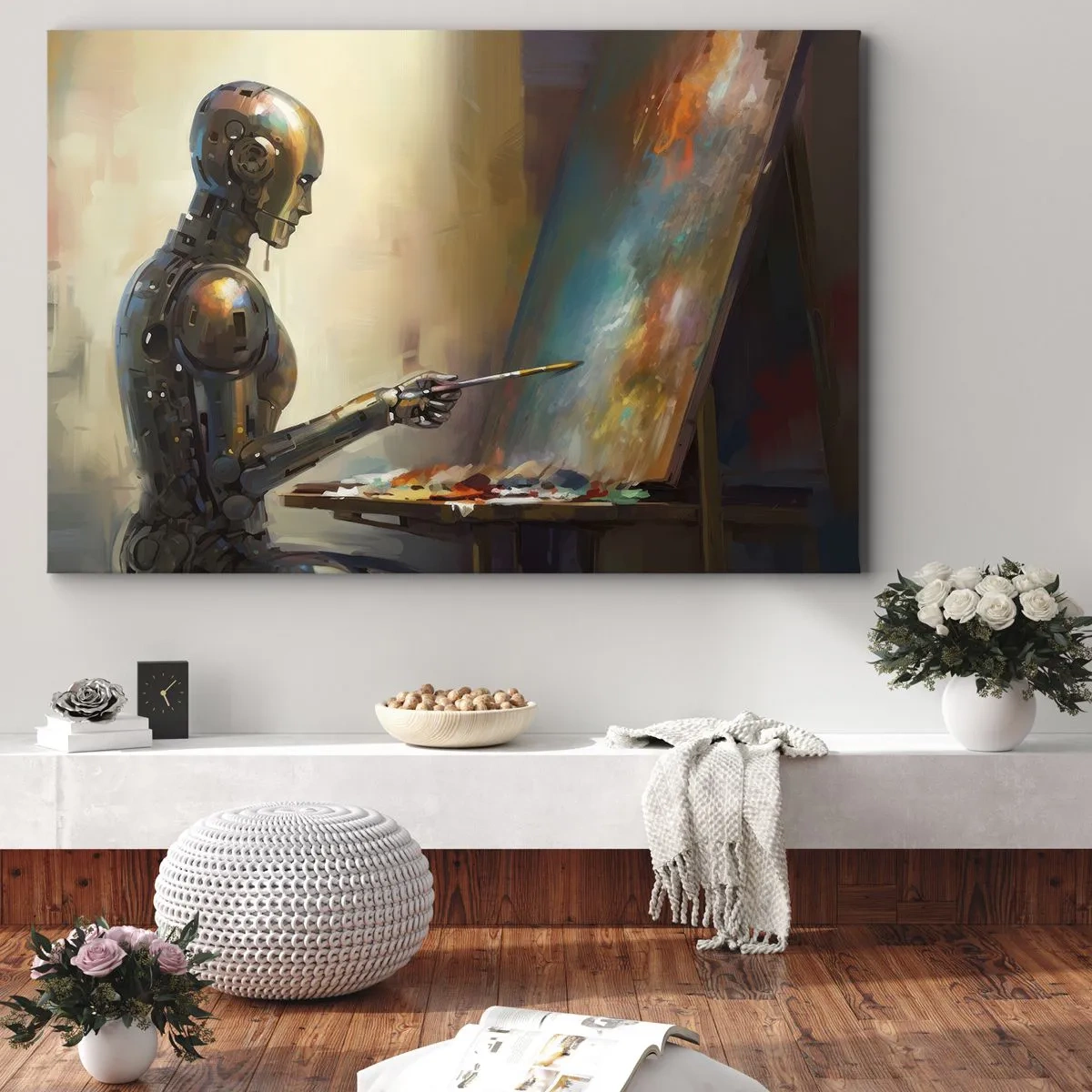 Bild auf Leinwand - Leinwandbild - Ein Roboter, der im künstlerischen Stil auf einer Leinwand malt - 100x70cm - Die Kunst der Zukunft - Moderne Wanddekoration für Wohnzimmer und Schlafzimmer ARTTOR