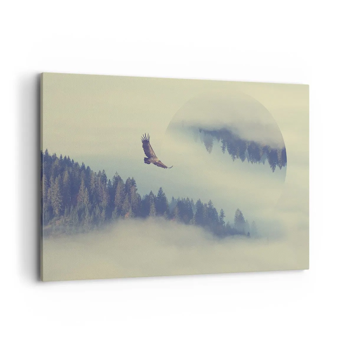 Bild auf Leinwand - Leinwandbild - Ein Adler im Flug vor der Kulisse nebliger Berge mit einem künstlerischen Kreismotiv - 120x80cm - Ich habe den Schatten eines Adlers gesehen - Moderne Wanddekoration für Wohnzimmer und Schlafzimmer ARTTOR