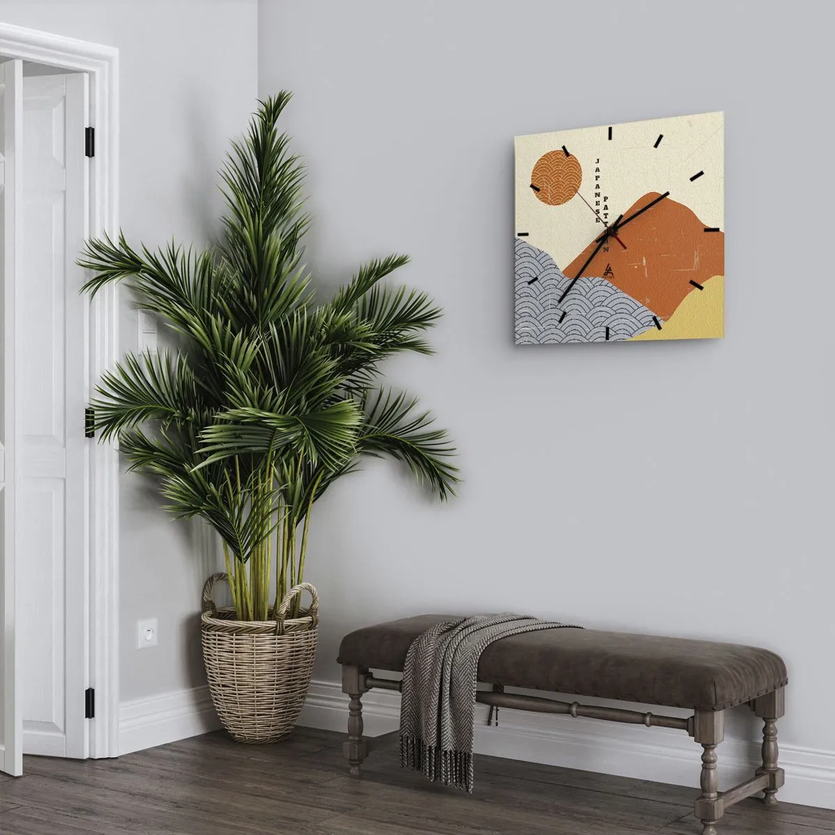Wanduhr - Glasuhr - Japanische Muster mit Bergen, Sonne und minimalistischem Stil - 30x30cm - Im japanischen Geist - Moderne Wanddekoration für Wohnzimmer und Schlafzimmer ARTTOR