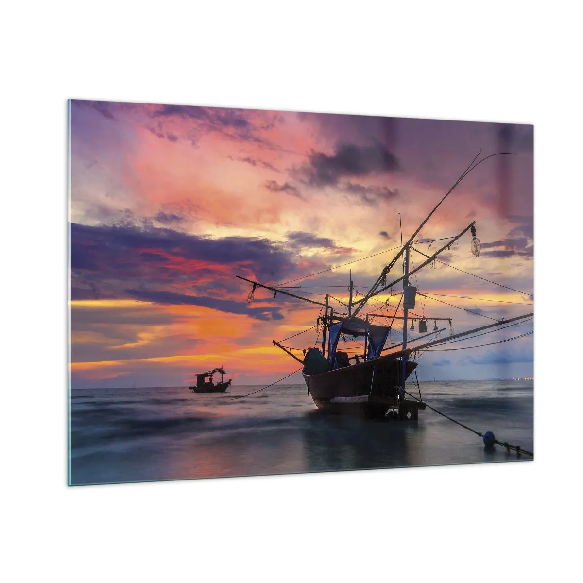 Glasbild - Bild auf glas - Fischerboote auf dem Meer bei Sonnenuntergang - 100x70cm - Exotischer Abend - Moderne Wanddekoration für Wohnzimmer und Schlafzimmer ARTTOR