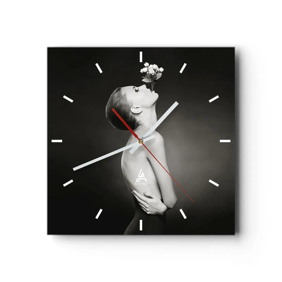 Wanduhr - Glasuhr - Schwarz-weiße Silhouette einer Frau mit einer Blume - 30x30cm - Exzentrische Eleganz - Moderne Wanddekoration für Wohnzimmer und Schlafzimmer ARTTOR