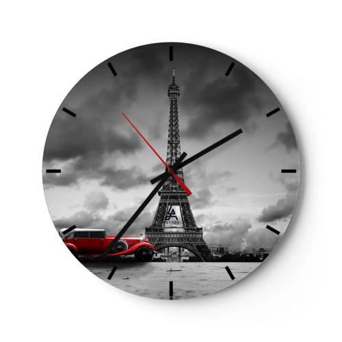 Wanduhr - Glasuhr - Der Eiffelturm mit einem roten Retro-Auto - 30x30cm - Vor nicht allzu langer Zeit in Paris - Moderne Wanddekoration für Wohnzimmer, Küche und Schlafzimmer ARTTOR