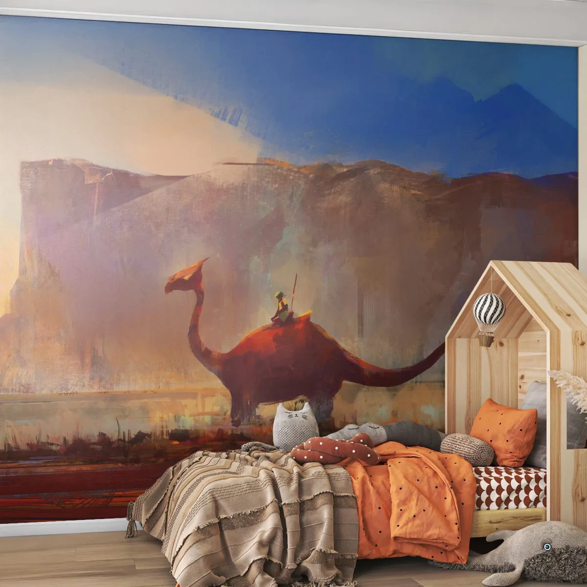 Fototapete Premium Canvas - Eine Fantasy-Szene mit einem Reiter auf einem prähistorischen Wesen - 100x70cm - Wenn sie nicht ausgestorben wären - Moderne Wanddekoration für Wohnzimmer und Schlafzimmer ARTTOR