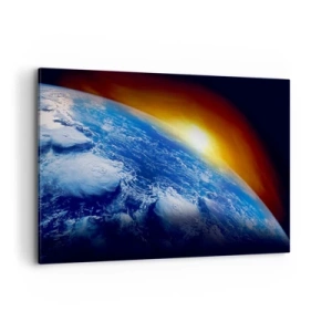 Bild auf Leinwand - Leinwandbild - Blick auf die Erde aus dem Weltraum bei Sonnenuntergang - 100x70cm - Sonnenaufgang über dem blauen Planeten - Moderne Wanddekoration für Wohnzimmer und Schlafzimmer ARTTOR