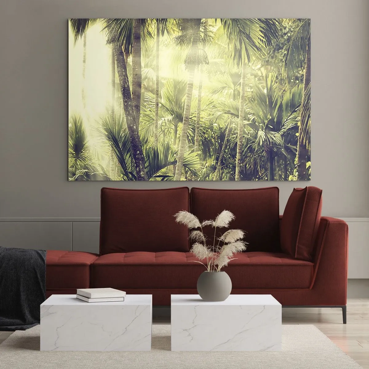 Glasbild - Bild auf glas - Grüner tropischer Dschungel im Sonnenschein - 70x50cm - In grüner Hitze - Moderne Wanddekoration für Wohnzimmer und Schlafzimmer ARTTOR