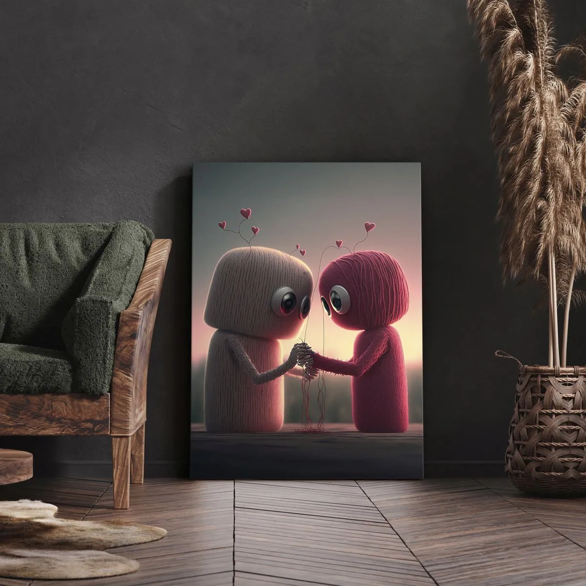 Bild auf Leinwand - Leinwandbild - Garnfiguren in einer bezaubernden Umgebung mit Herzmotiven - 50x70cm - Jeder darf lieben - Moderne Wanddekoration für Wohnzimmer und Schlafzimmer ARTTOR