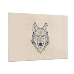 Glasbild - Bild auf glas - Wolfskopf vor einem Hintergrund aus geometrischen Mustern - 100x70cm - Ein Alpha mit durchdringendem Blick - Moderne Wanddekoration für Wohnzimmer und Schlafzimmer ARTTOR