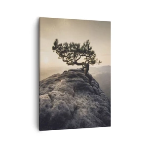 Bild auf Leinwand - Leinwandbild - Ein einsamer Baum auf einem felsigen Gipfel im Sonnenlicht - 50x70cm - Das Leben gewinnt immer - Moderne Wanddekoration für Wohnzimmer und Schlafzimmer ARTTOR