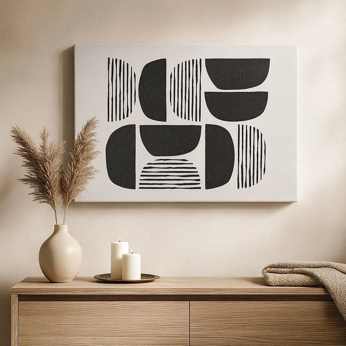Bild auf Leinwand - Leinwandbild - Geometrie mit Halbkreisen und Linien in Schwarz auf hellem Hintergrund - 70x50cm - Halbherzige Deals - Moderne Wanddekoration für Wohnzimmer und Schlafzimmer ARTTOR