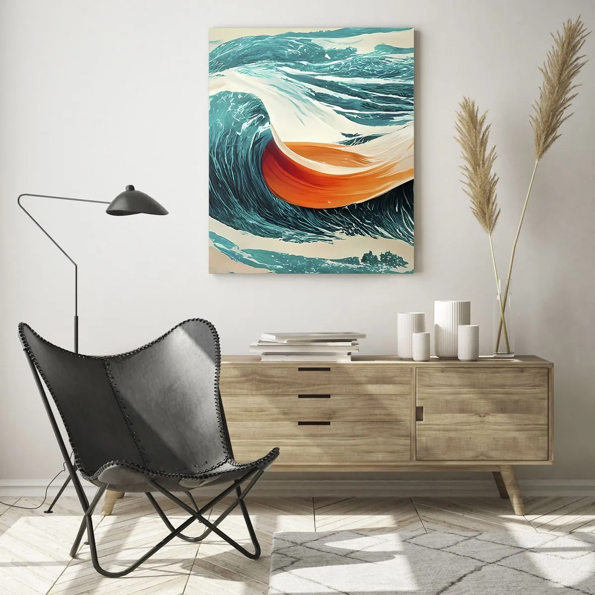 Glasbild - Bild auf glas - Dynamische Meereswellen mit abstraktem Band - 80x120cm - Traum eines Surfers - Moderne Wanddekoration für Wohnzimmer und Schlafzimmer ARTTOR