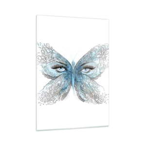 Glasbild - Bild auf glas - Ein Schmetterling mit blauen Flügeln und menschlichen Augen im künstlerischen Stil. - 50x70cm - Eros Blaumeise - Moderne Wanddekoration für Wohnzimmer und Schlafzimmer ARTTOR
