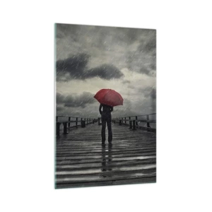 Glasbild - Bild auf glas - Eine Person mit einem roten Regenschirm auf einem verregneten Pier - 70x100cm - Es ist egal, dass es regnet - Moderne Wanddekoration für Wohnzimmer und Schlafzimmer ARTTOR