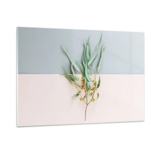Glasbild - Bild auf glas - Ein Zweig Eukalyptus auf pastellfarbenem Hintergrund - 120x80cm - Pastellige Subtilität - Moderne Wanddekoration für Wohnzimmer und Schlafzimmer ARTTOR