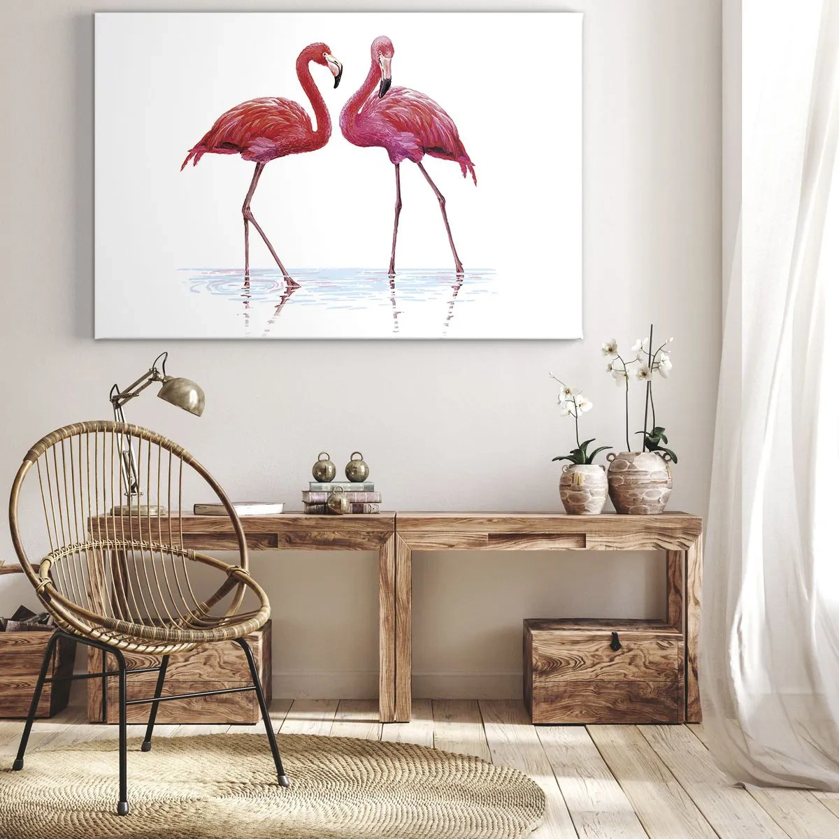 Bild auf Leinwand - Leinwandbild - Ein Flamingopaar im Wasser vor hellem Hintergrund - 70x50cm - Rosa randez-vous - Moderne Wanddekoration für Wohnzimmer und Schlafzimmer ARTTOR