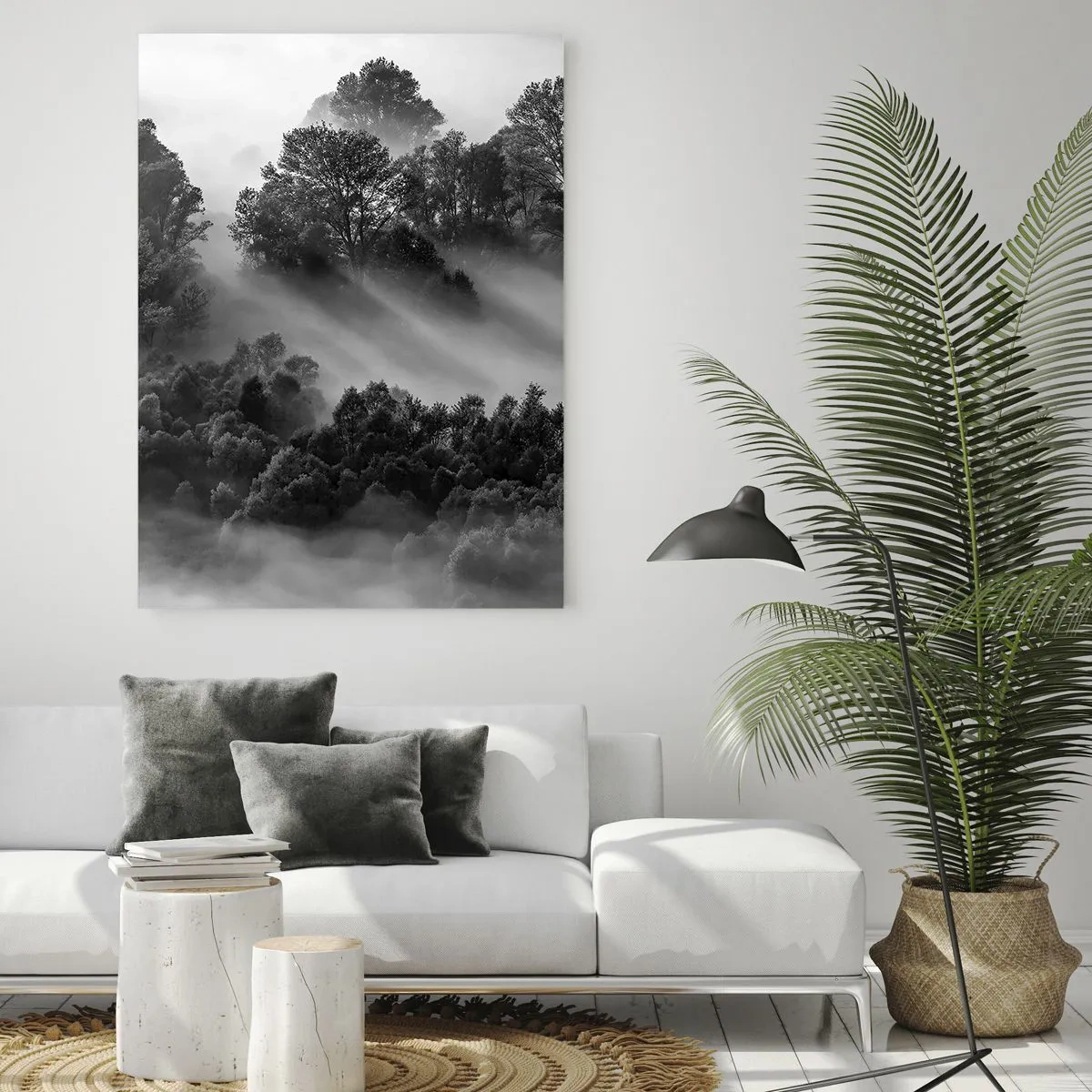 Glasbild - Bild auf glas - Nebliger Wald im Sonnenlicht in Schwarz und Weiß - 50x70cm - Aufstehend aus dem Schlaf - Moderne Wanddekoration für Wohnzimmer und Schlafzimmer ARTTOR