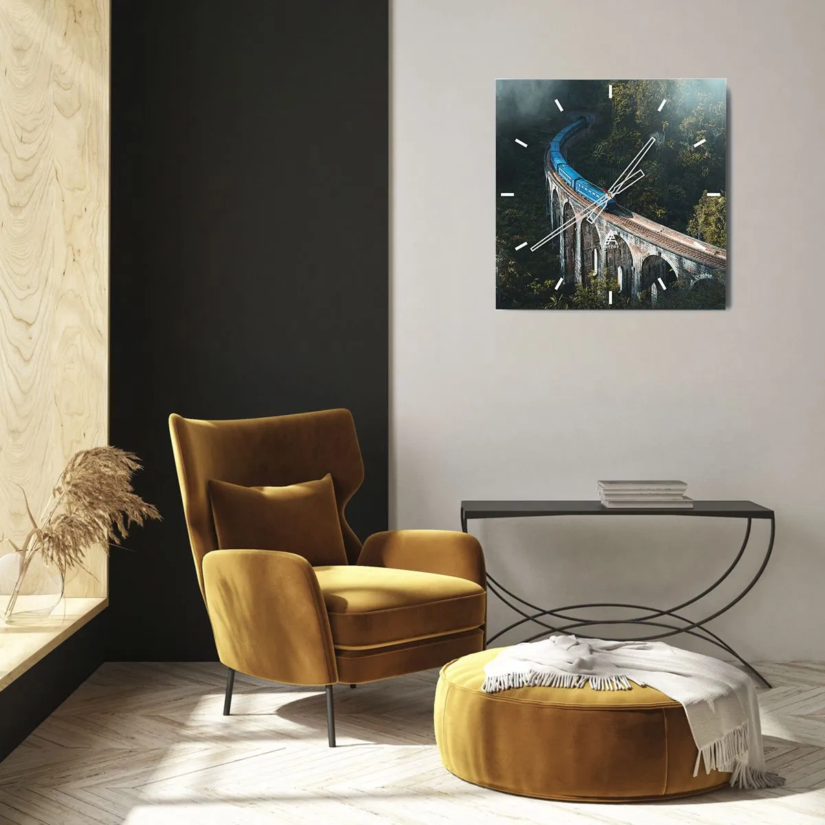Wanduhr - Glasuhr - Ein blauer Zug auf einem historischen Viadukt inmitten der Wälder - 30x30cm - Neigung zur Natur - Moderne Wanddekoration für Wohnzimmer und Schlafzimmer ARTTOR