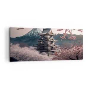 Bild auf Leinwand - Leinwandbild - Ein japanischer Tempel, umgeben von Kirschblüten und Bergen - 120x50cm - Land der Kirschblüten - Moderne Wanddekoration für Wohnzimmer und Schlafzimmer ARTTOR