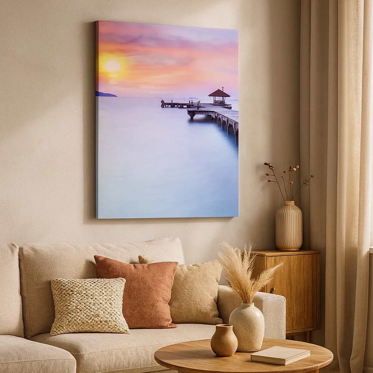 Bild auf Leinwand - Leinwandbild - Holzsteg, der bei Sonnenuntergang auf das Wasser hinausführt - 50x70cm - Ein Meer der Ruhe bis zum Horizont - Moderne Wanddekoration für Wohnzimmer und Schlafzimmer ARTTOR