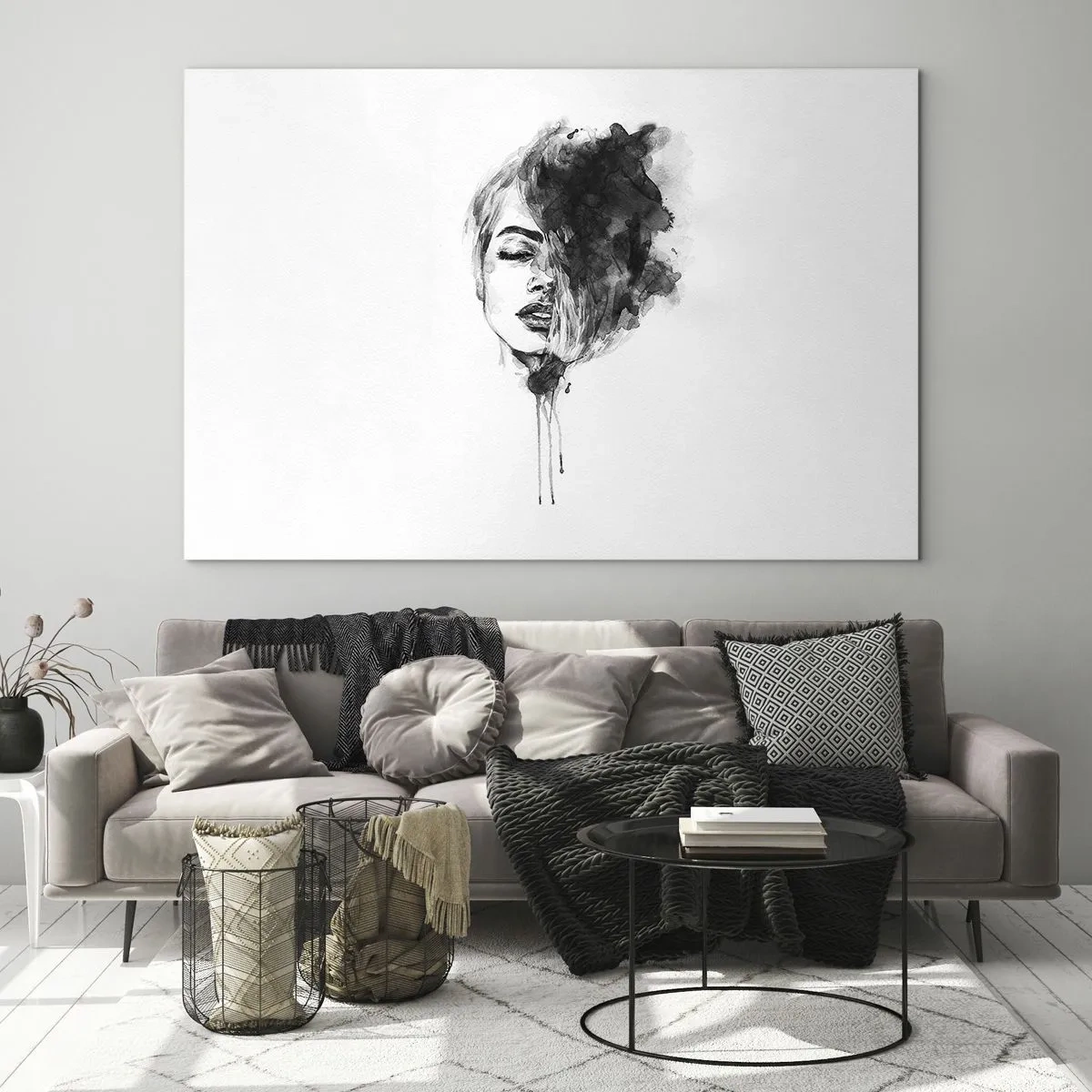 Glasbild - Bild auf glas - Schwarz-Weiß-Porträt einer Frau mit abstraktem Schatten - 70x50cm - Wovon träumt das Mädchen - Moderne Wanddekoration für Wohnzimmer und Schlafzimmer ARTTOR
