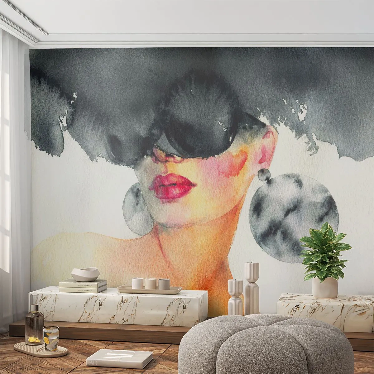 Fototapete Premium Canvas - Das Geheimnis der Eleganz - Das Gesicht einer Frau, Frau, Hut - 500x350 cm