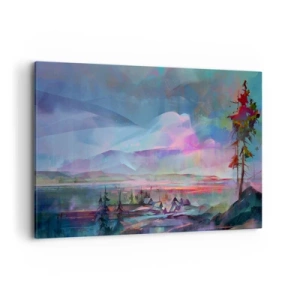 Bild auf Leinwand - Leinwandbild - Berglandschaft mit buntem Himmel und einem Dorf - 120x80cm - Unter einem wohlwollenden Himmel - Moderne Wanddekoration für Wohnzimmer und Schlafzimmer ARTTOR