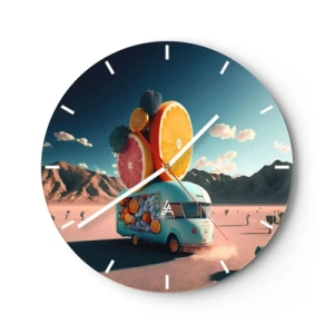 Wanduhr - Glasuhr - Ein türkisfarbener Obst-Foodtruck mit Wüstenhintergrund - 30x30cm - Geschmack von Urlaub - Moderne Wanddekoration für Wohnzimmer, Küche und Schlafzimmer ARTTOR