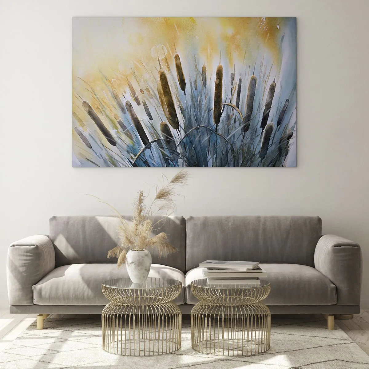 Glasbild - Bild auf glas - Bemalte Rohrkolben vor einem sonnigen Himmel - 70x50cm - Die Kälte des Wassers, die Hitze der Sonne - Moderne Wanddekoration für Wohnzimmer und Schlafzimmer ARTTOR