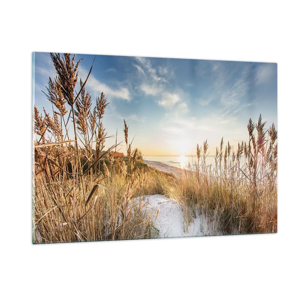 Glasbild - Bild auf glas - Sonnenuntergang über einem Strand mit grasbedeckten Dünen - 120x80cm - Nordstrand - Moderne Wanddekoration für Wohnzimmer und Schlafzimmer ARTTOR