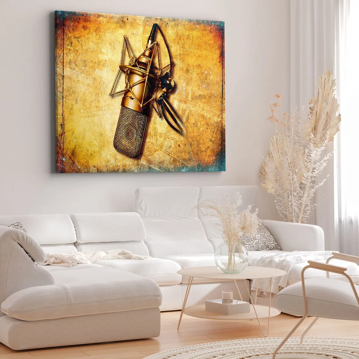 Bild auf Leinwand - Leinwandbild - Ein goldenes Studiomikrofon vor einem Vintage-Hintergrund in warmen Tönen. - 70x50cm - Die goldenen Jahre des Radios - Moderne Wanddekoration für Wohnzimmer und Schlafzimmer ARTTOR