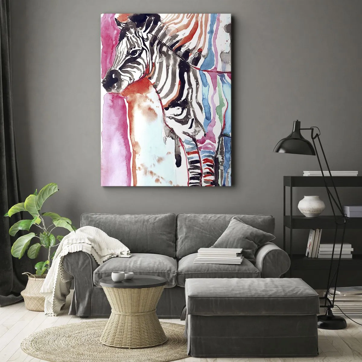 Bild auf Leinwand - Leinwandbild - Ein buntes Zebra vor einem Hintergrund aus abstrakten Aquarellmustern - 50x70cm - Unbeschwerter Witz der Natur - Moderne Wanddekoration für Wohnzimmer und Schlafzimmer ARTTOR