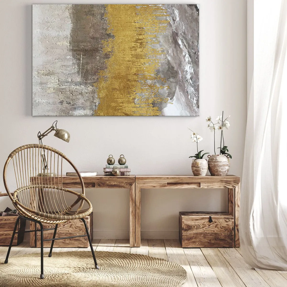 Bild auf Leinwand - Leinwandbild - Abstraktes Muster in Gold und Beige - 120x80cm - Goldene Explosion - Moderne Wanddekoration für Wohnzimmer und Schlafzimmer ARTTOR