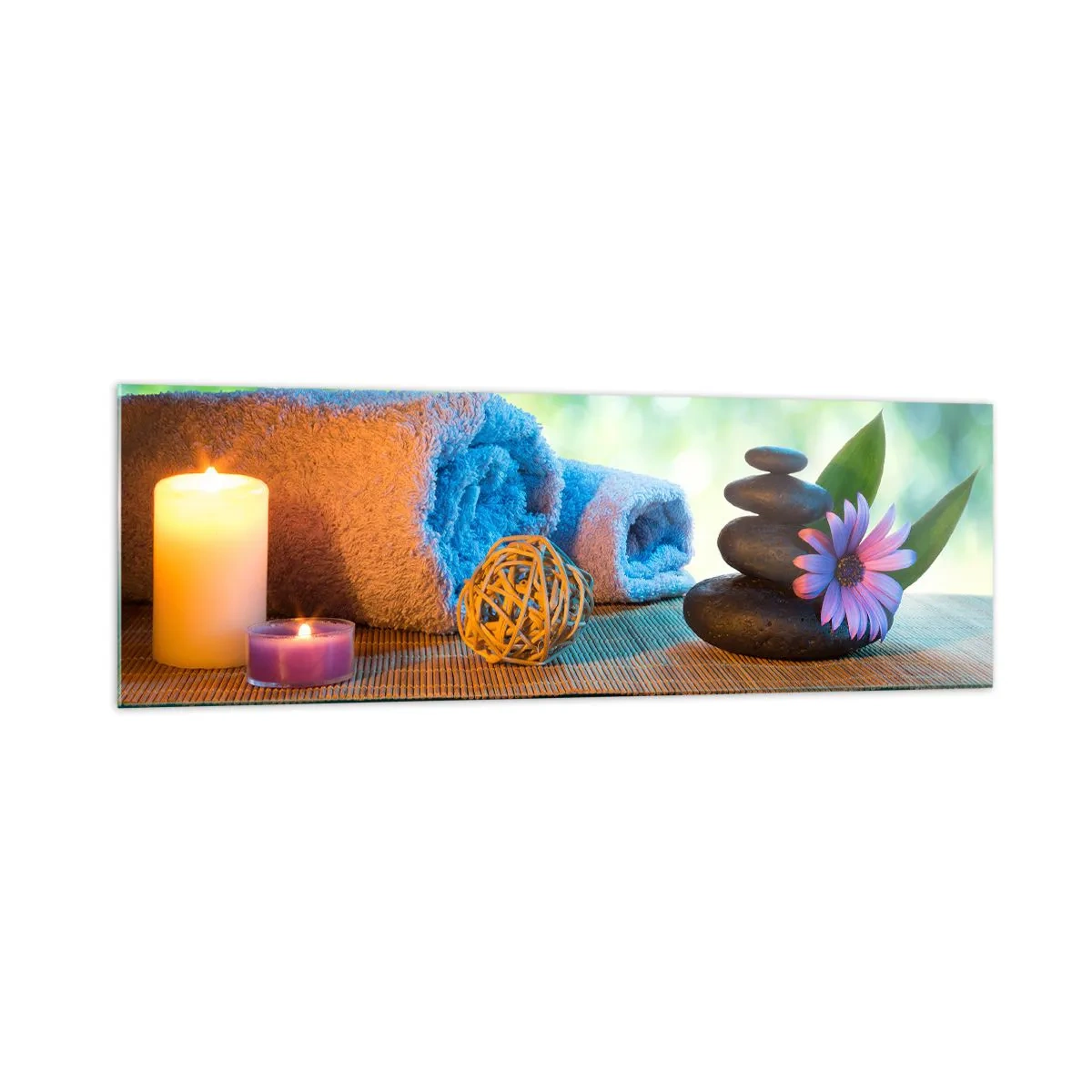 Glasbild - Bild auf glas - Entspannendes SPA-Set mit Handtüchern, Kerzen und Steinen - 160x50cm - Zeit für den Körper - Moderne Wanddekoration für Wohnzimmer und Schlafzimmer ARTTOR