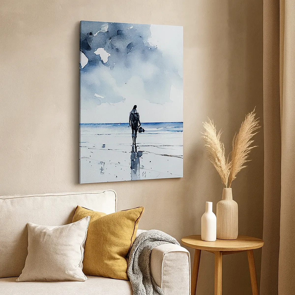 Bild auf Leinwand - Leinwandbild - Eine Figur an einem Strand in einer ruhigen Meeresumgebung - 50x70cm - Gespräch mit dem Meer - Moderne Wanddekoration für Wohnzimmer und Schlafzimmer ARTTOR